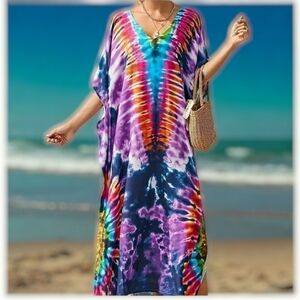 Kaftan Maxi Dress Tie Dye Loungewear Cover Up Swim V Neck 2X 💜 NEW